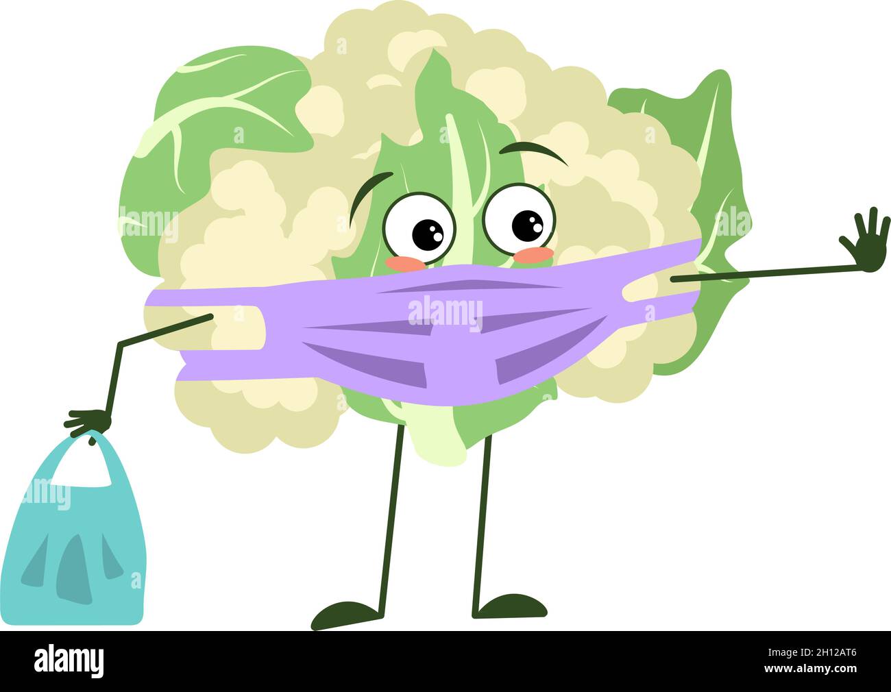 Cute cauliflower characters with emotions, face and mask keep distance, hands with shopping bag and stop gesture. A sad hero, a vegetable cabbage with eyes Stock Vector