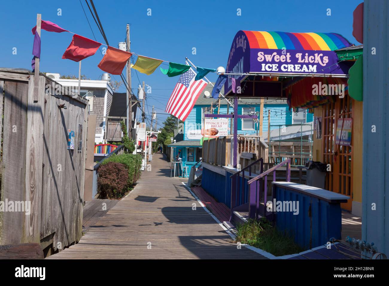 Cherry Grove retail shops and restaurants in the center of town on Fire Island, Suffolk County, New York, USA. Stock Photo