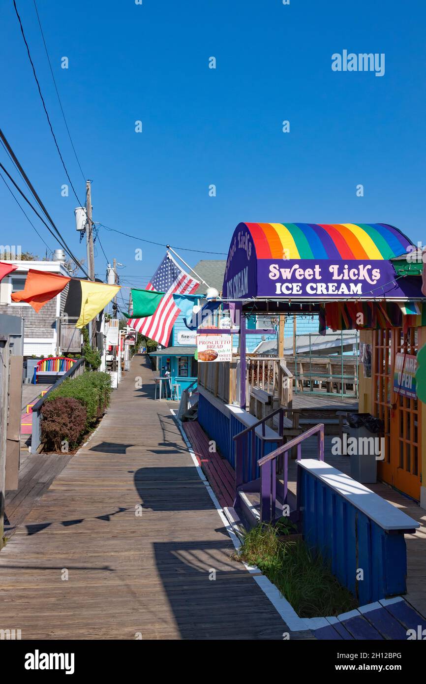 Cherry Grove retail shops and restaurants in the center of town located on Fire Island, Suffolk County, New York. Stock Photo