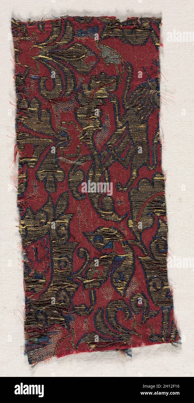 Textile Fragment, 15th century. Spain, Islamic period, 15th century. Lampas weave, satin; silk and gold; average: 21 x 9.3 cm (8 1/4 x 3 11/16 in.). Stock Photo