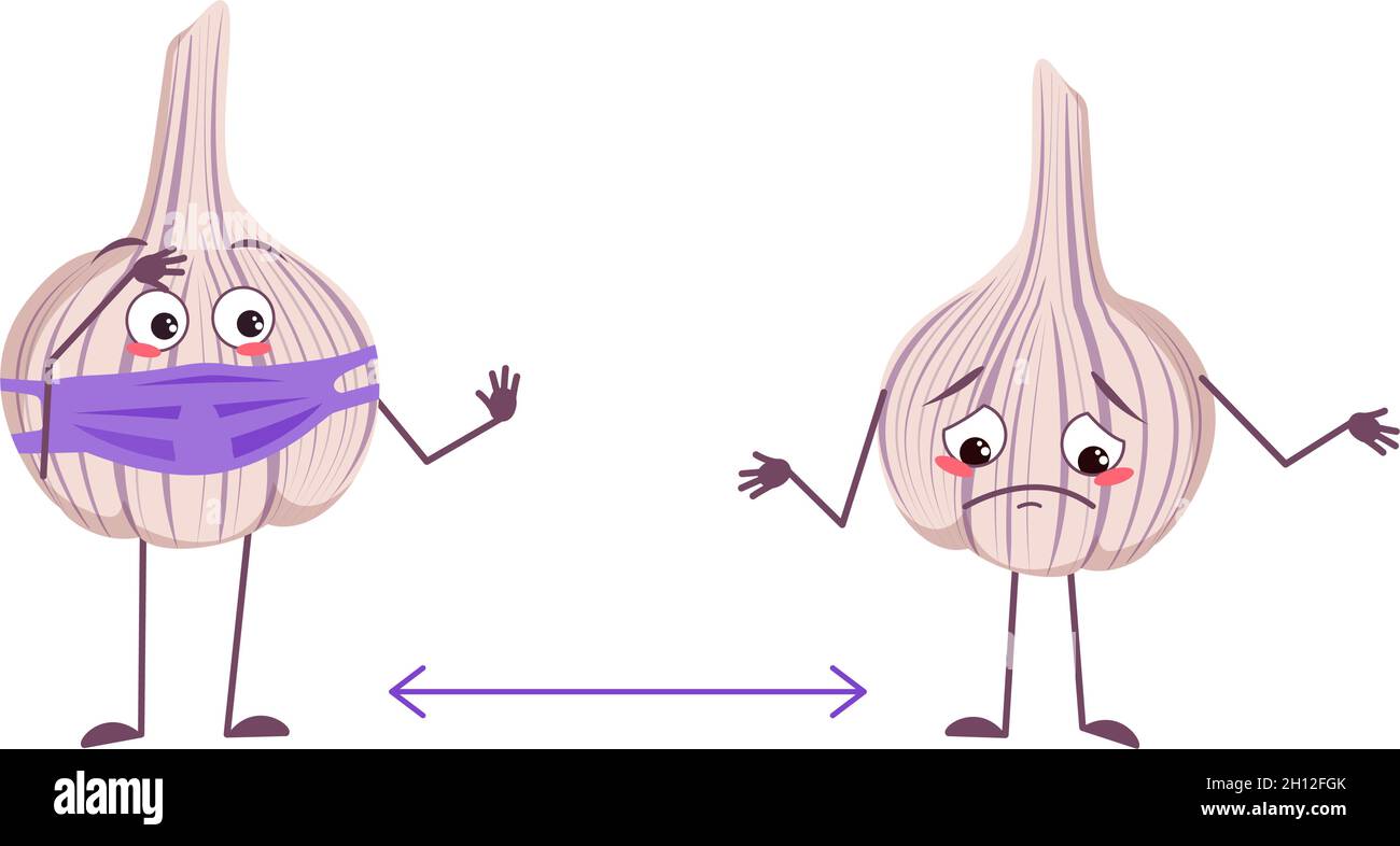 Cute garlic characters with emotions, face and mask keep distance, arms and legs. The funny or sad hero, vegetable. Vector flat illustration Stock Vector