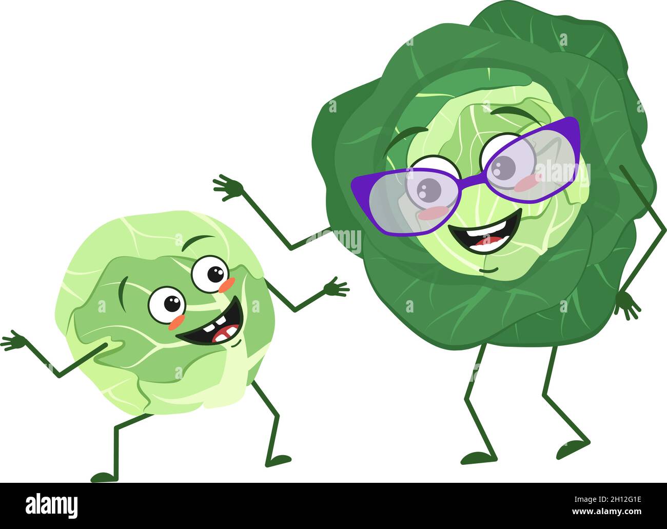 Cute cabbage characters with emotions, face. Funny grandmother with glasses and dancing grandson with arms and legs. The happy hero, vegetable. Vector flat illustration Stock Vector