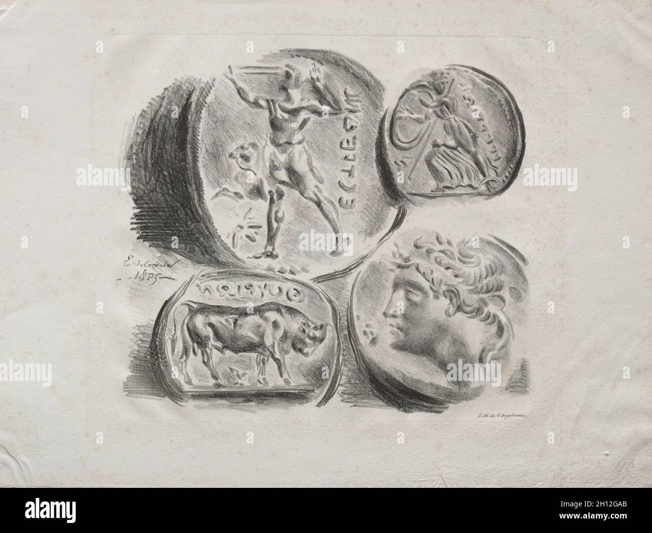 Sheet of Four Antique Medals, 1825. Eugène Delacroix (French, 1798-1863). Lithograph; sheet: 23.5 x 31.4 cm (9 1/4 x 12 3/8 in.); image: 17.2 x 19.4 cm (6 3/4 x 7 5/8 in.). Stock Photo