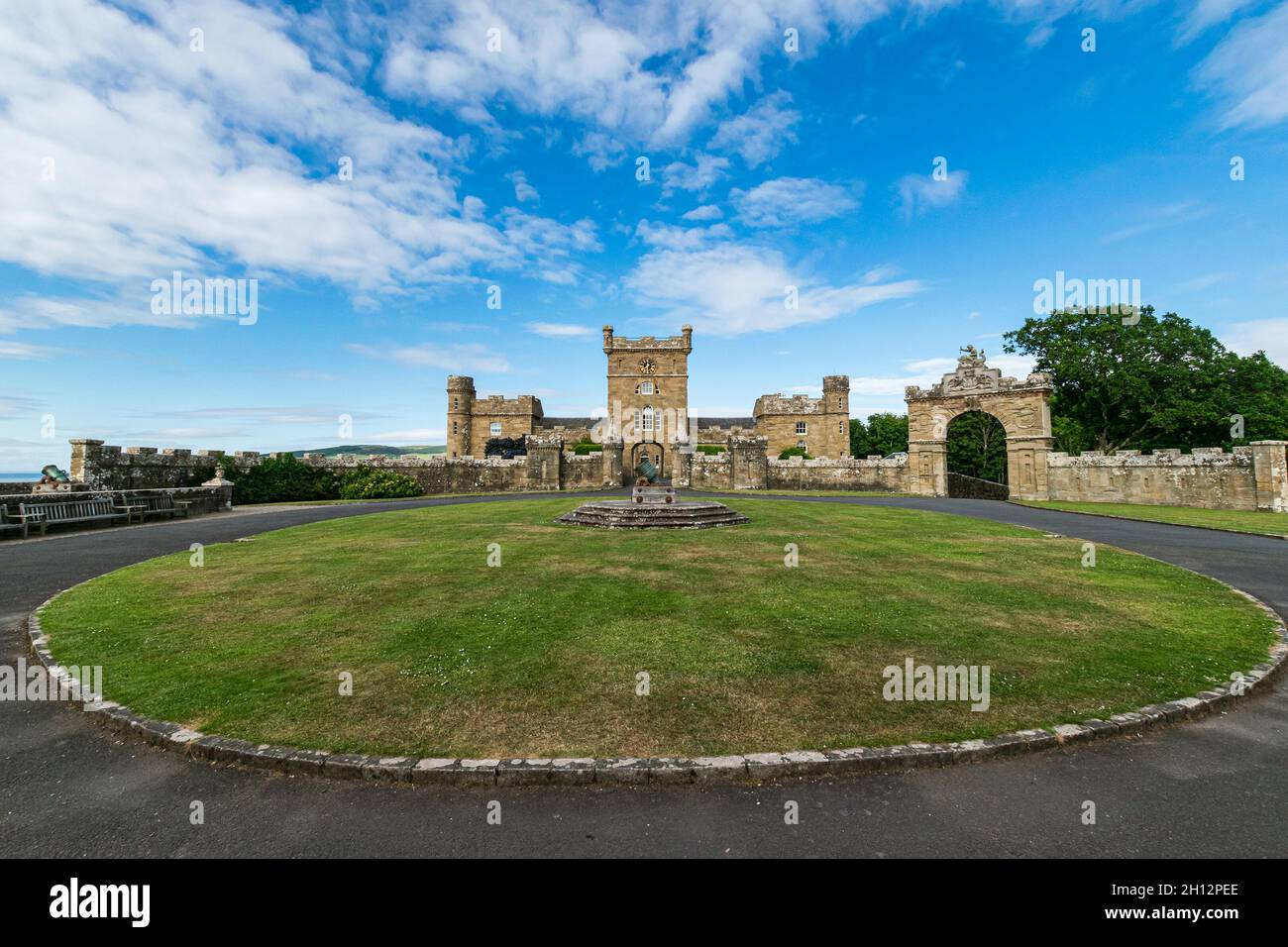 Wide-angle view of the clocktower at Culzean Castle, near Maybole, Carrick, in South Ayrshire, on the west coast of Scotland. Stock Photo