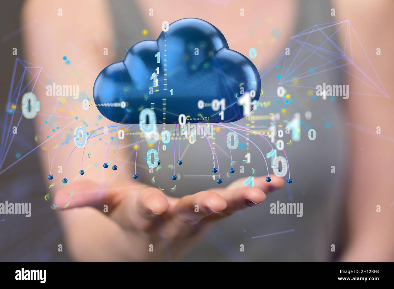 3D rendered data cloud with binary code hovering over a palm Stock ...