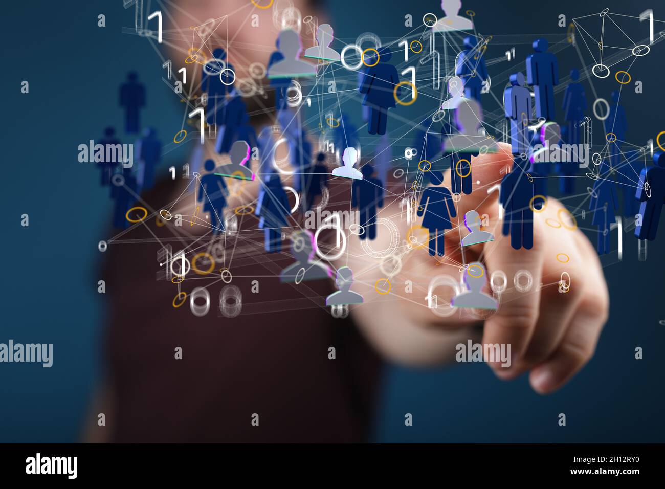 Person tapping floating 3D rendered human icons Stock Photo - Alamy