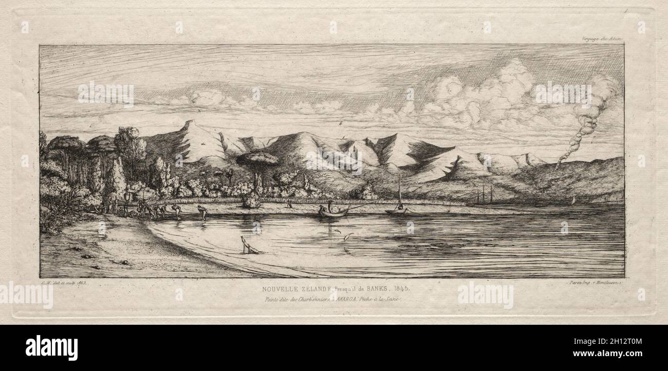 Seine Fishing off Charcoal Burners' Point, Akaroa, Banks' Peninsula, 1845, 1863. Charles Meryon (French, 1821-1868). Etching; Stock Photo