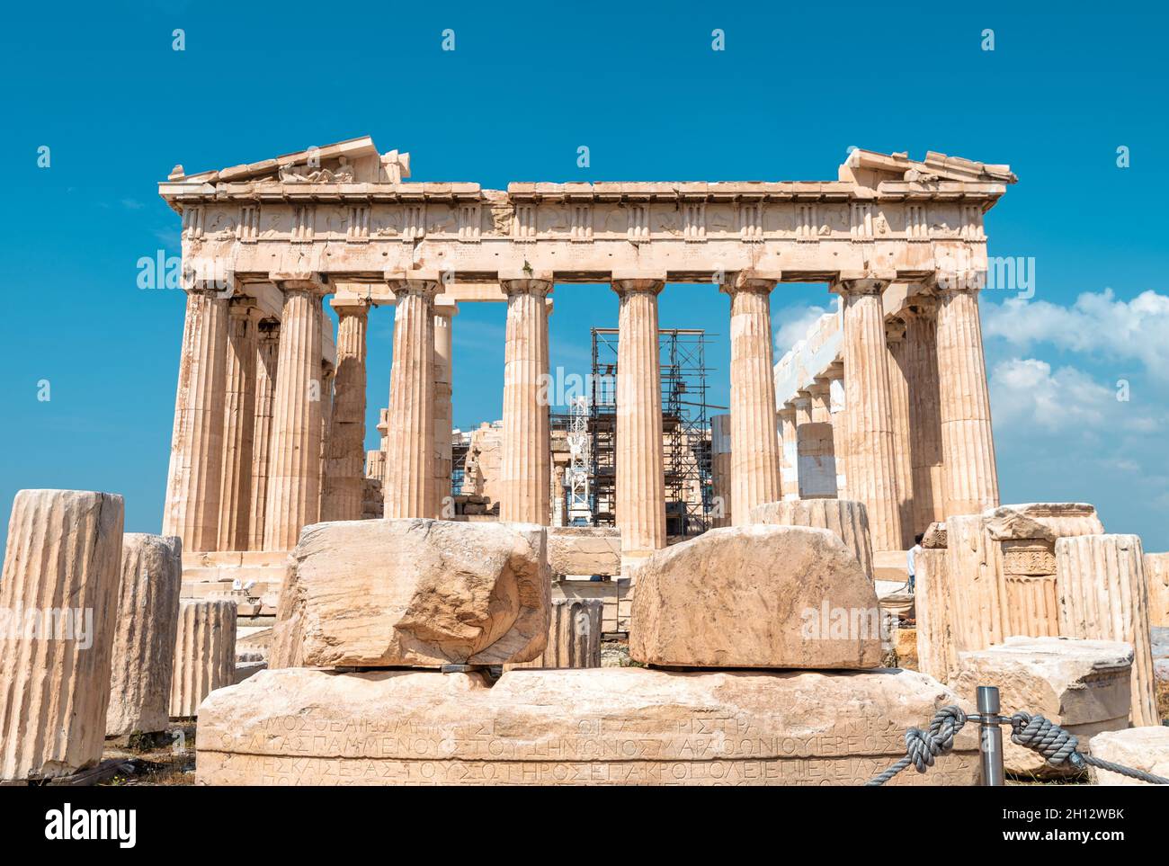 Parthenon on Acropolis, Athens, Greece. It is famous tourist attraction of Athens. Ruins of classical temple of Athens on top of Acropolis hill. Ancie Stock Photo