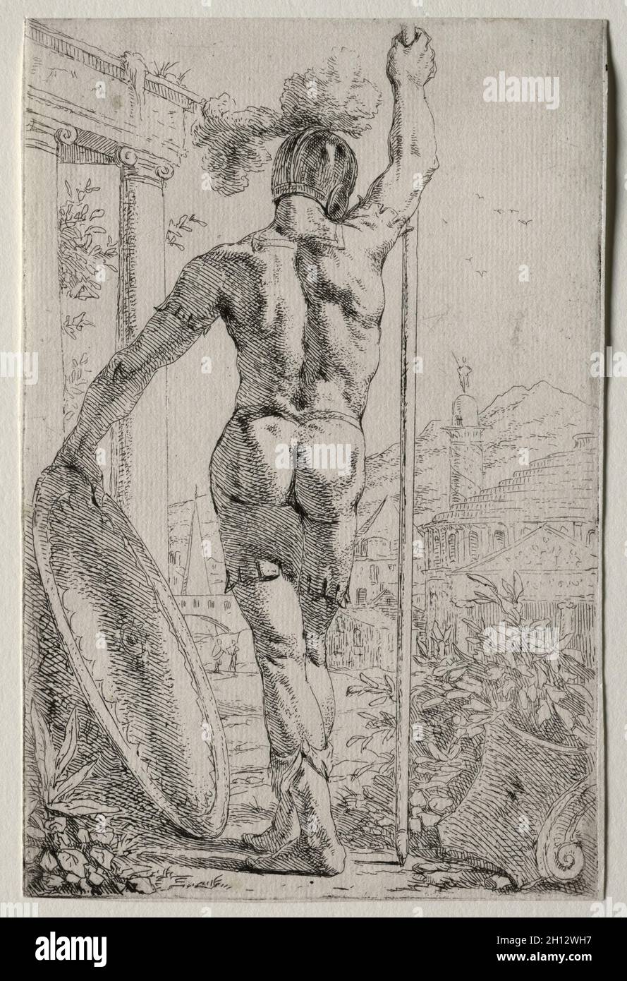 A Soldier Standing, Seen from Behind. Leendert van der Cooghen (Dutch, 1610-1681). Etching; Stock Photo