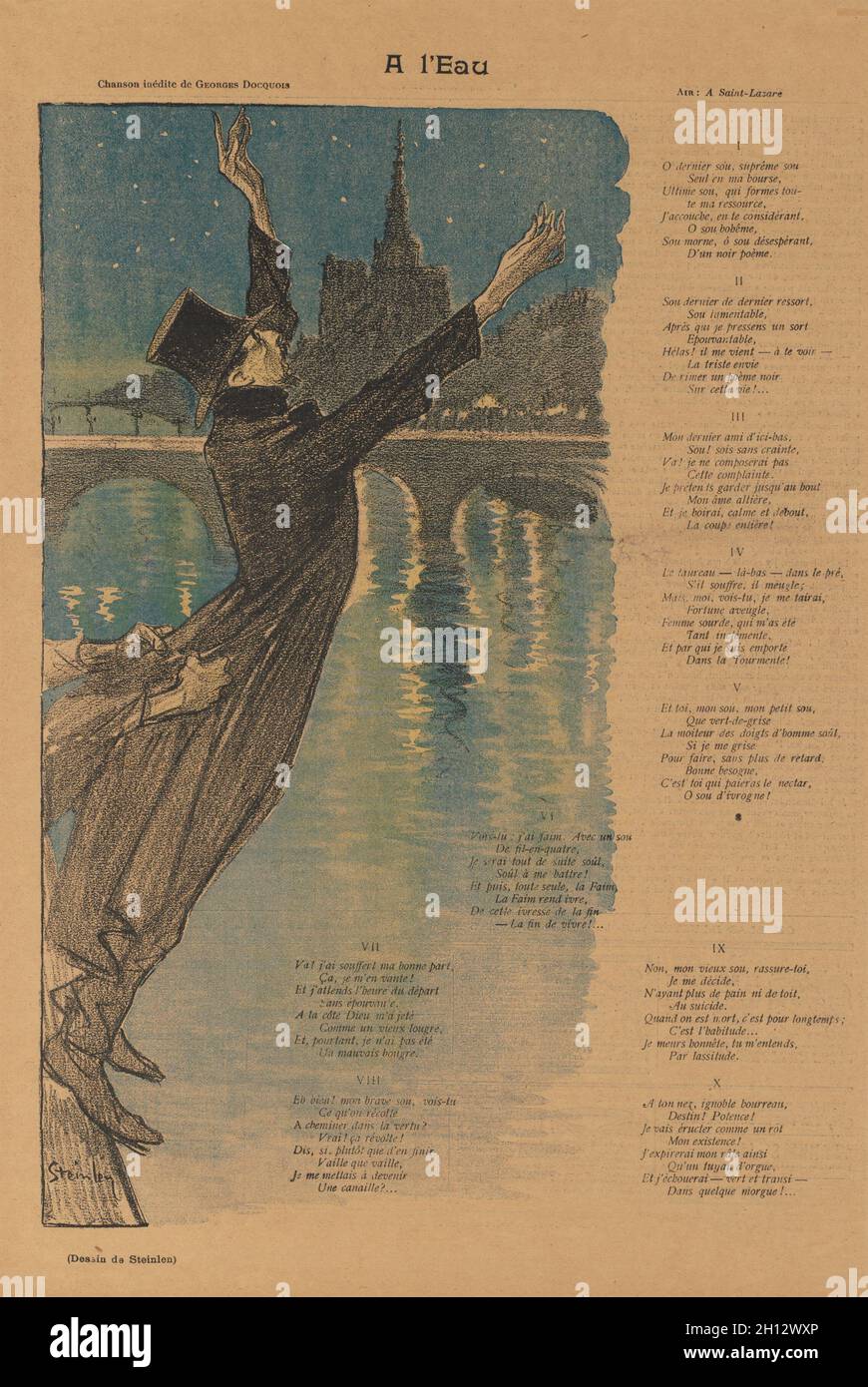 Illustration for the song, 'A l'Eau', by George Docquois appearing on the last page of October 23, 1896 publication of 'Gil Blas Illustré': Gil Blas Illustré: At the Water's Edge (A l'Eau), 1896. Théophile Alexandre Steinlen (Swiss, 1859-1923). Color lithograph; sheet: 39.2 x 26.3 cm (15 7/16 x 10 3/8 in.); image: 33.3 x 17.4 cm (13 1/8 x 6 7/8 in.). Stock Photo