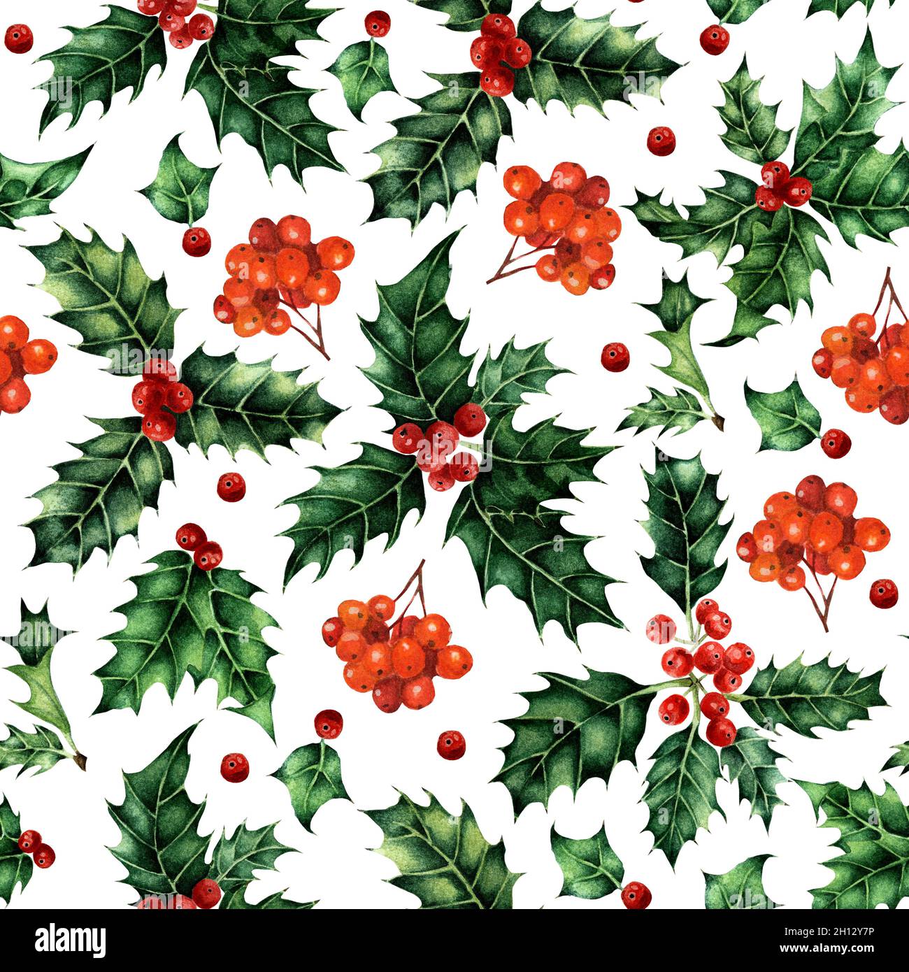 Watercolor seamless pattern with holly leaves and rowan berries ...