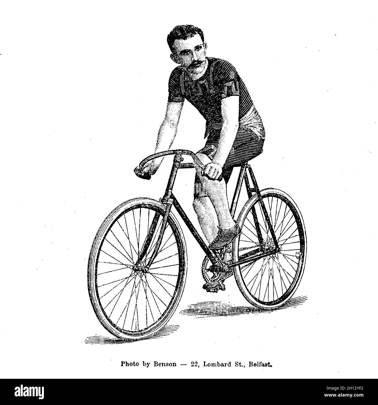 Sportsman racing on a bicycle, 19th century illustration Stock Photo