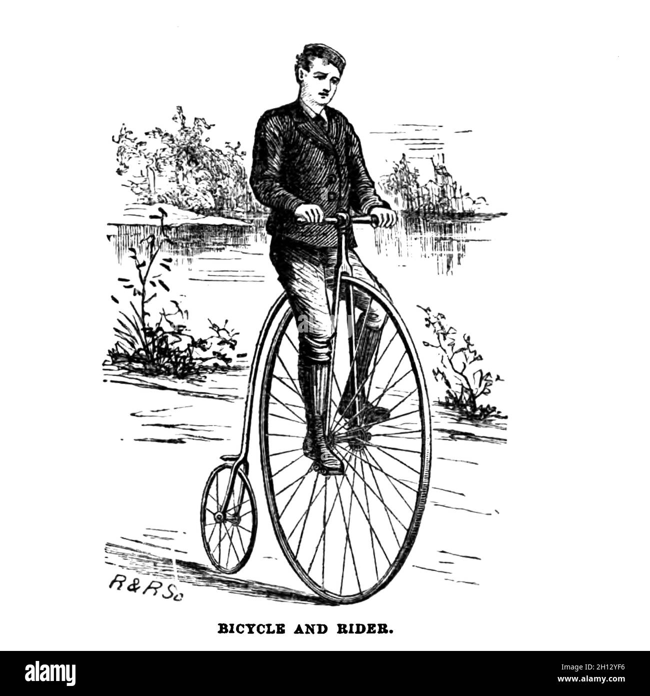 Man riding penny-farthing, 19th century illustration Stock Photo