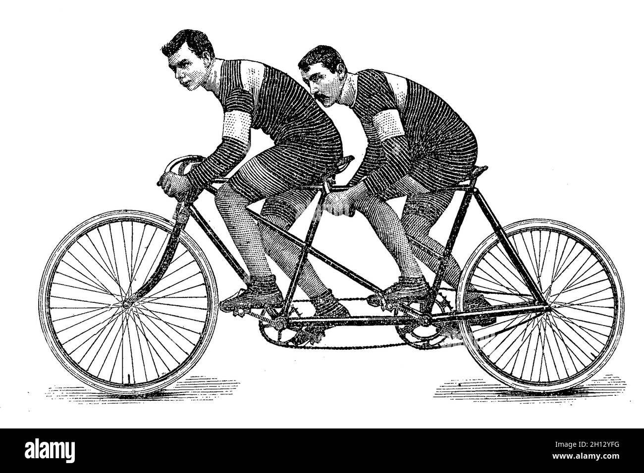 Tandem riders racing on bicycle, 19th century illustration Stock Photo