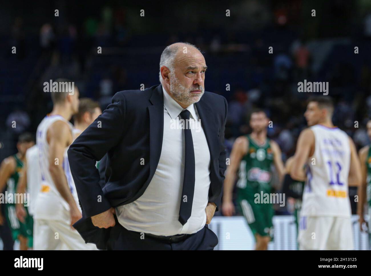 Madrid, Spain. 15 October 2021. Turkish Airlines Euroleague Basketball;  Real Madrid versus Panathinaikos OPAP Athens; Pablo Laso coach for Real  Madrid at the end of the match Credit: Action Plus Sports/Alamy Live