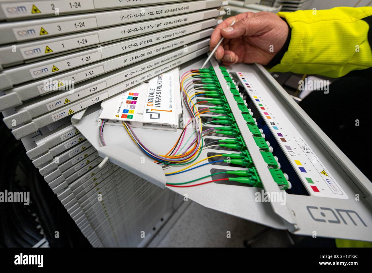 Falkenstein, Germany. 12th Oct, 2021. Fiber optic cable in a PoP