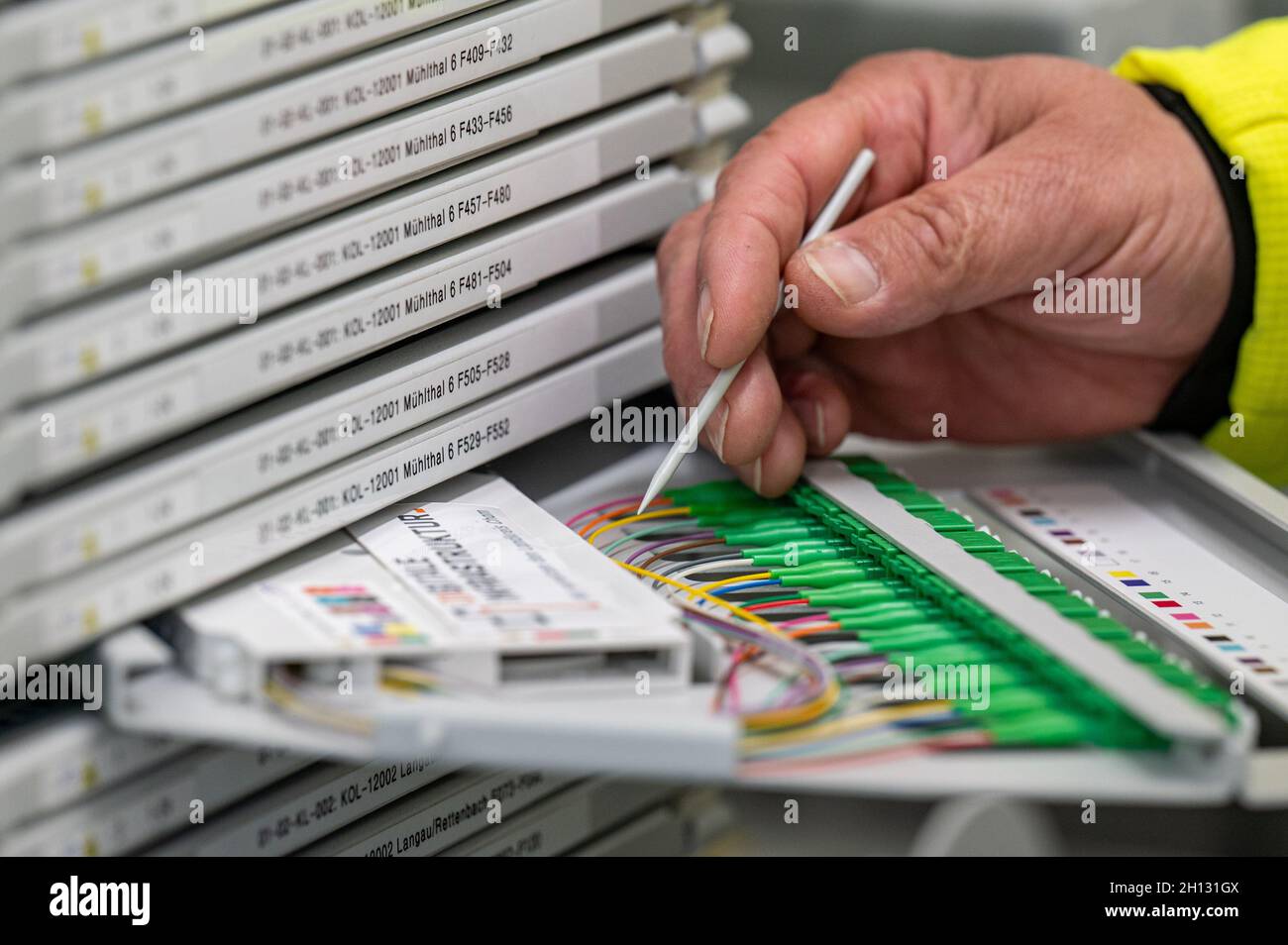 Falkenstein, Germany. 12th Oct, 2021. Fiber optic cable in a PoP