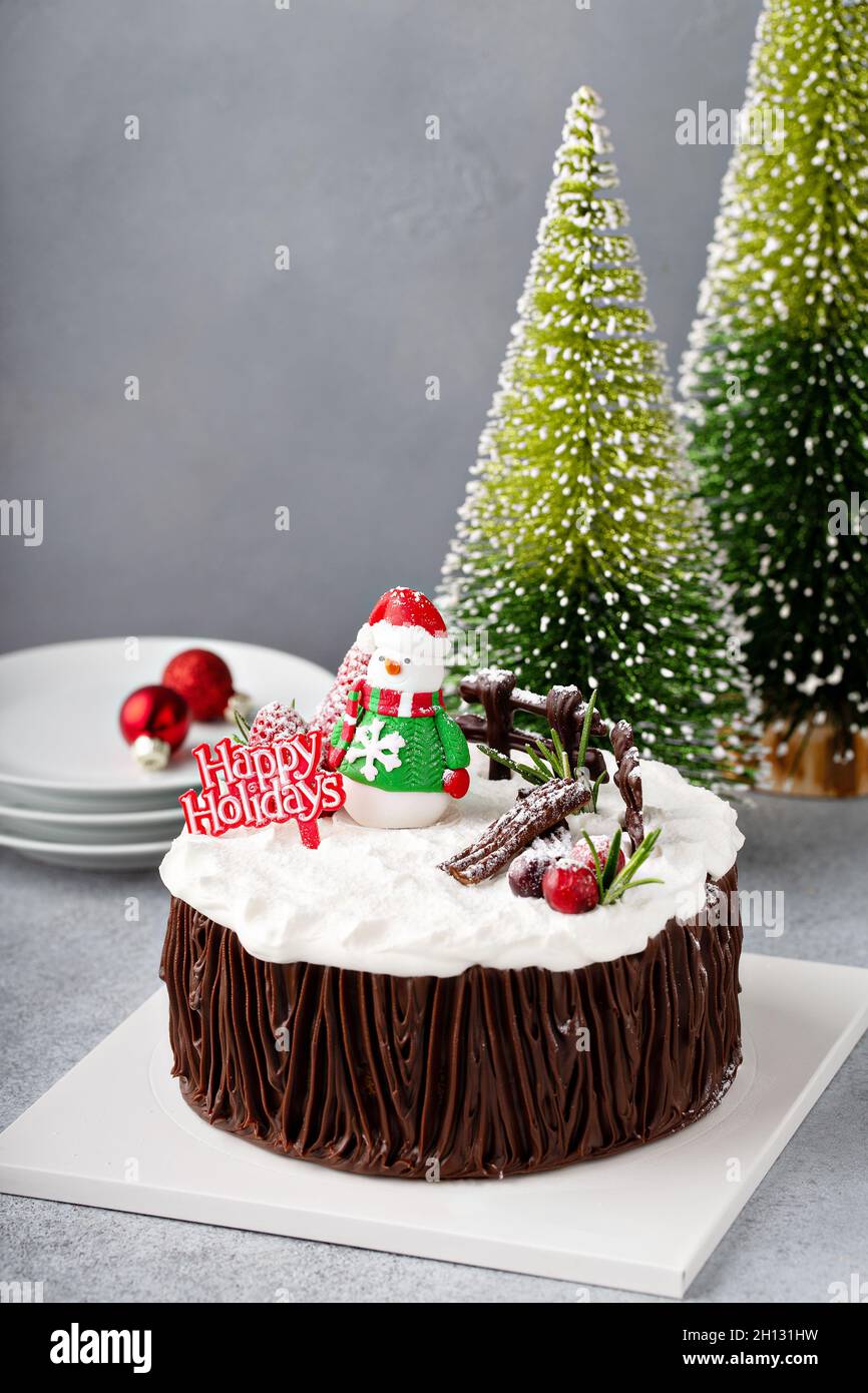 Chocolate Christmas celebration cake with holiday decorations Stock ...