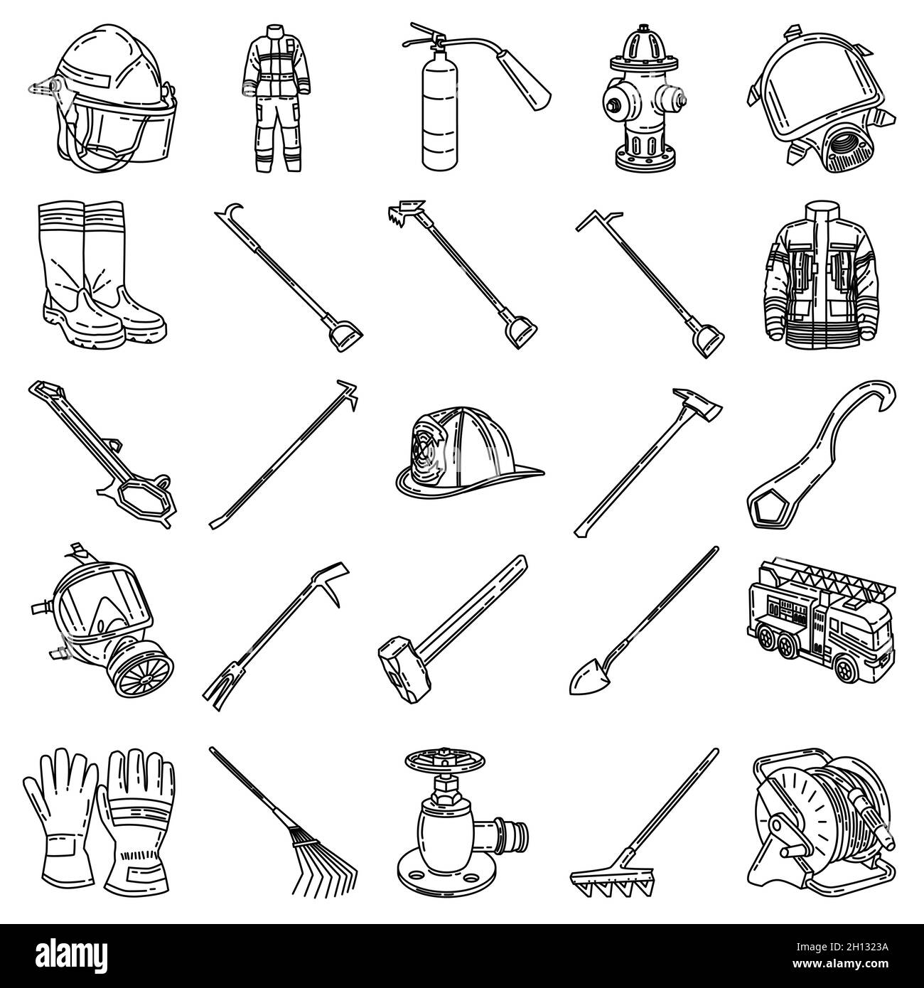 Firefighter Accessories and Equipment Device Hand Drawn Icon Set Vector. Stock Vector