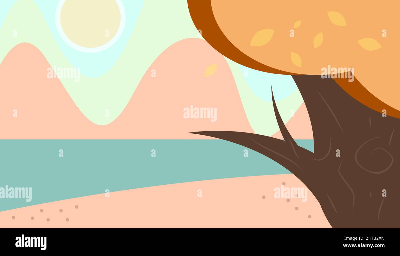 Autumn landscape. Tree, river, sun and mountains. Vector frame Stock Vector