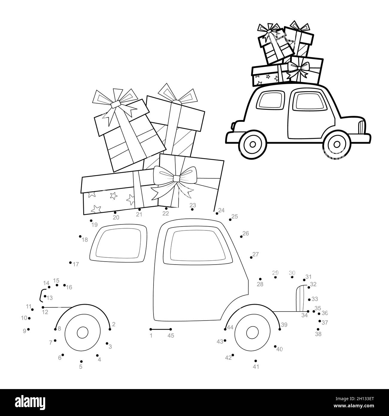 Dot to dot Christmas puzzle for children. Connect dots game. Car and gifts  illustration Stock Photo - Alamy