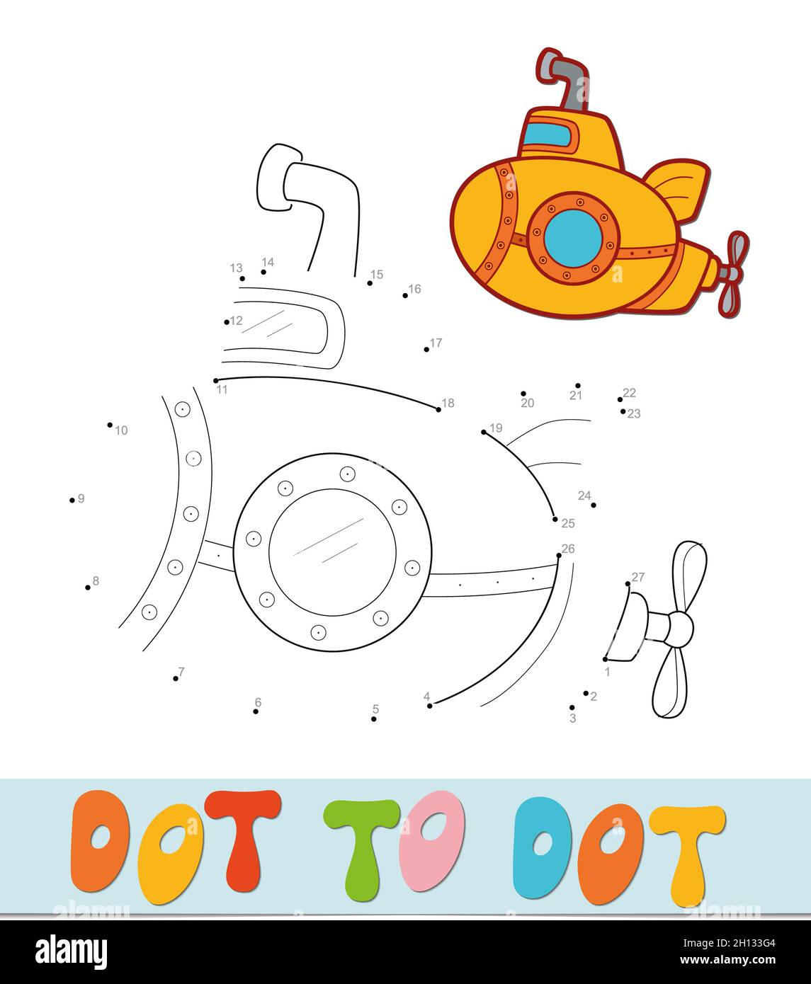 Dot to dot puzzle. Connect dots game. Submarine illustration Stock