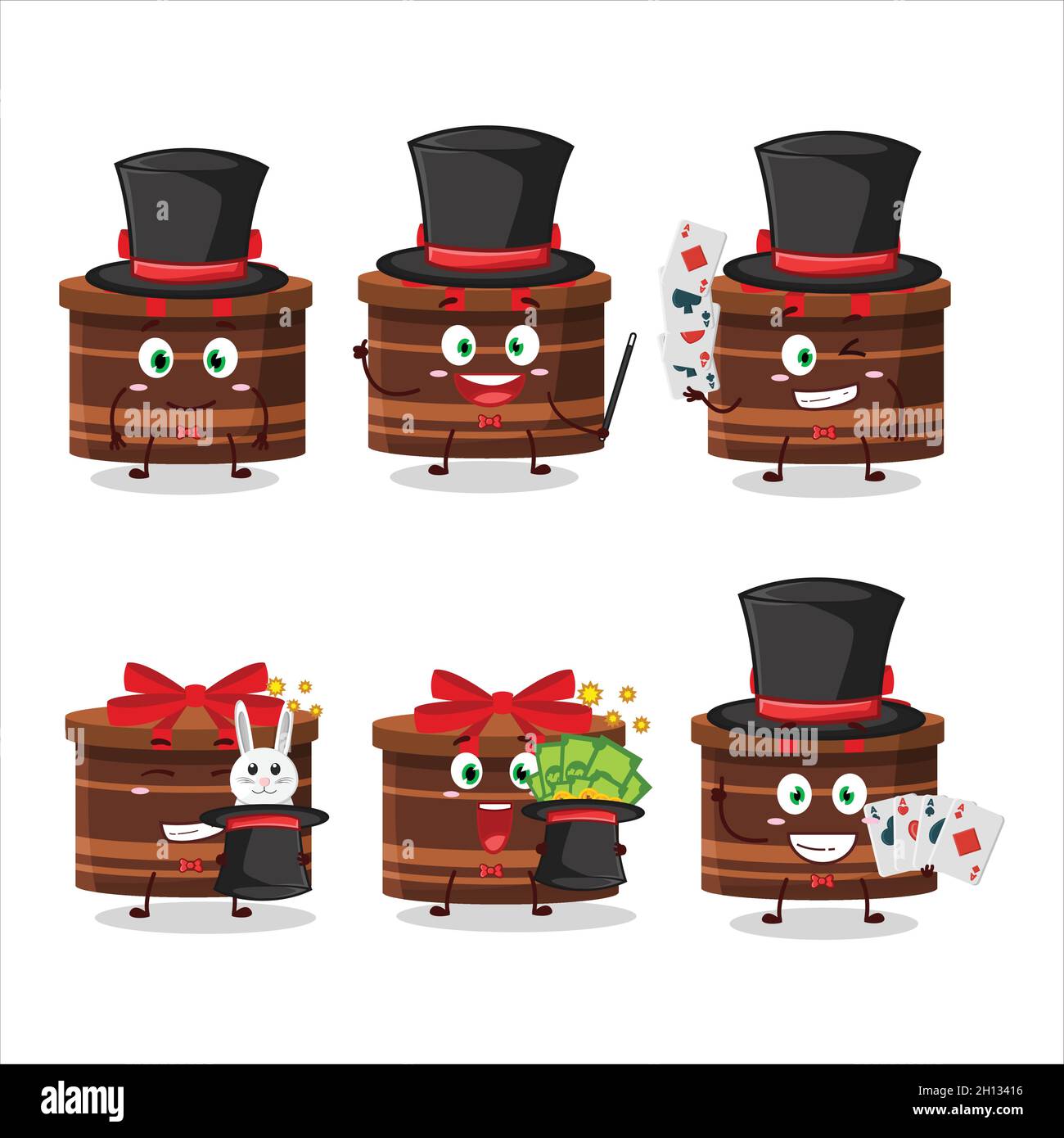 A brown round gift Magician cartoon character perform on a stage. Vector illustration Stock Vector