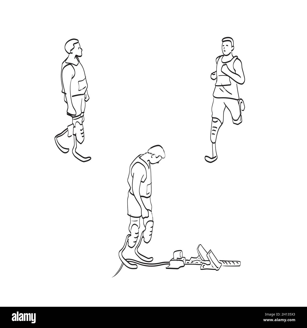 physically disabled male athlete with prosthetic legs  illustration vector isolated on white background line art. Stock Vector