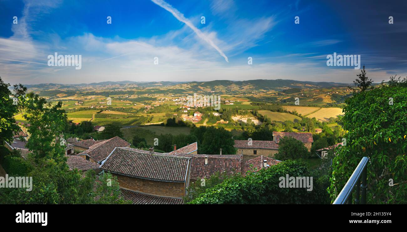 Panoramic view from Oingt village in Beaujolais in France Stock Photo