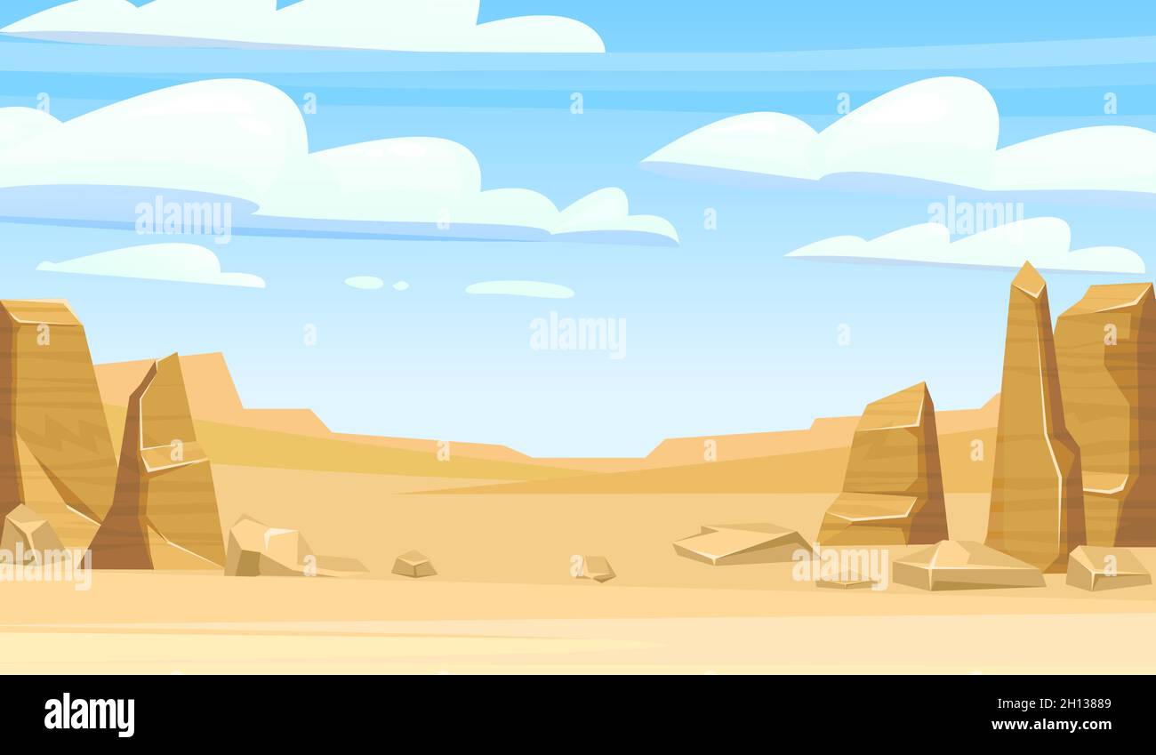Rocky cliffs. Sandy desert. Desert natural landscape with stones. Illustration in cartoon style flat design. Horizontal composition. Vector. Stock Vector