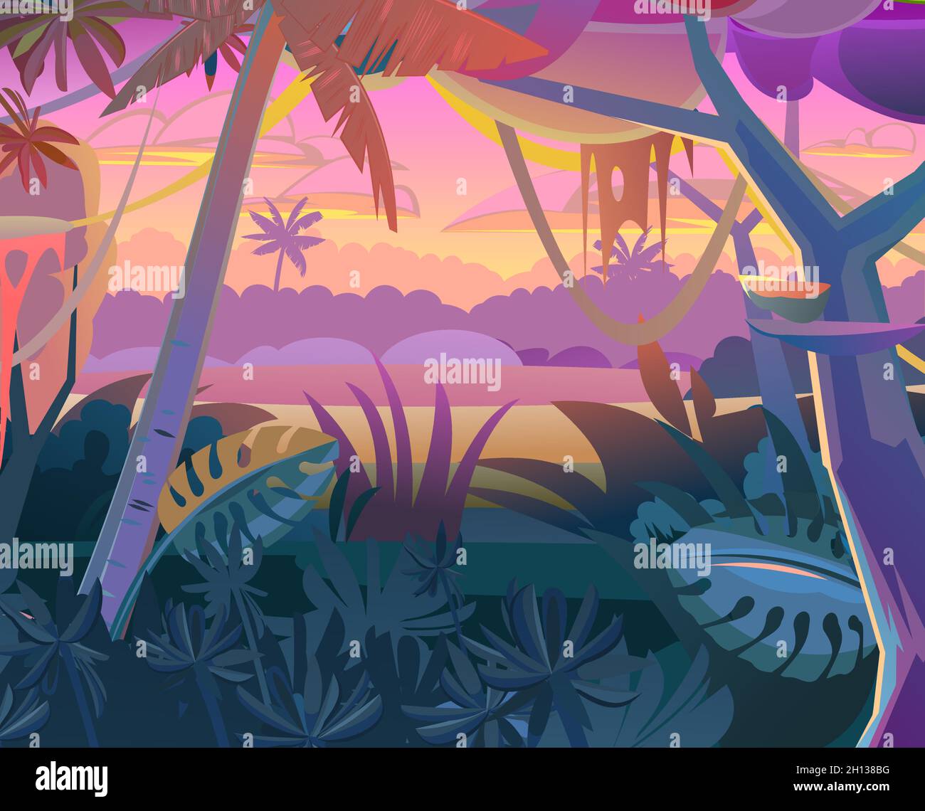Jungle creepers. Dense thickets. Morning sunrise dawn or evening sunset. View from the forest. Southern Rural Scenery. Tropical forest panorama. Illus Stock Vector