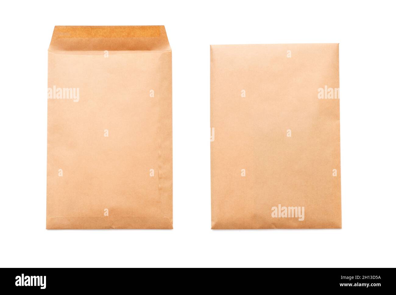 Two sides of brown paper envelope A4 size, top view, isolated on white
