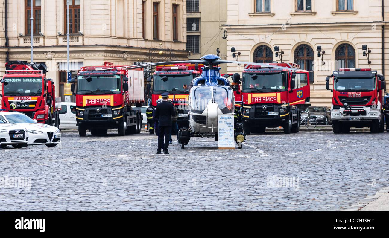 BUCHAREST, ROMANIA - Sep 01, 2021: The police helicopter in front of the Ministry of Internal Affairs․ Bucharest, Romania Stock Photo