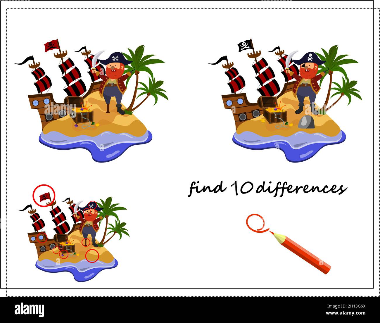 A game for kids find the differences, pirates and a pirate ship on the