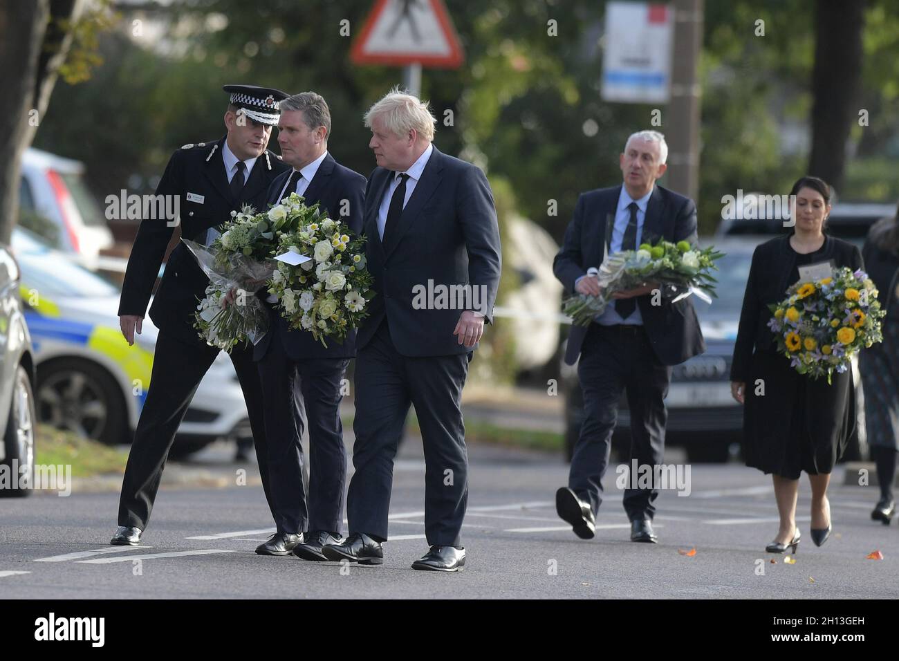 Southend On Sea, UK. 16th Oct, 2021. Leigh on Sea Essex UK. Boris Johnson Prime Minister along side Priti Patel Home Secretary and Leader of the Labour Party Sir Keir Starmer lay floweres at the scene at Belfairs Methodist church Leigh on Sea Essex where MP Sir David Amess was stabbed to death. Credit: MARTIN DALTON/Alamy Live News Stock Photo