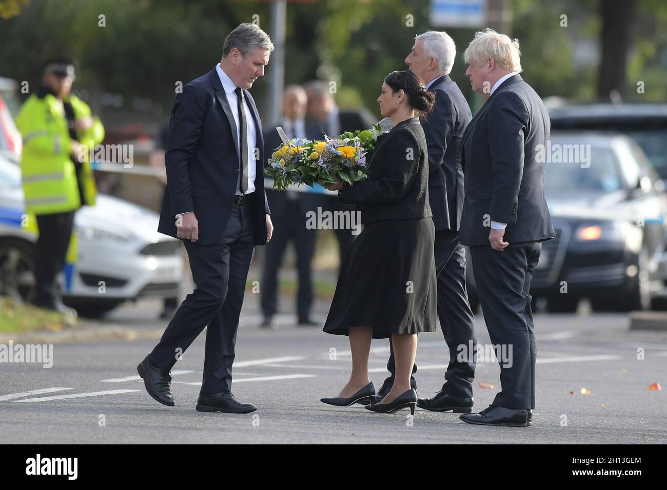 Southend On Sea, UK. 16th Oct, 2021. Leigh on Sea Essex UK. Boris Johnson Prime Minister along side Priti Patel Home Secretary and Leader of the Labour Party Sir Keir Starmer lay floweres at the scene at Belfairs Methodist church Leigh on Sea Essex where MP Sir David Amess was stabbed to death. Credit: MARTIN DALTON/Alamy Live News Stock Photo