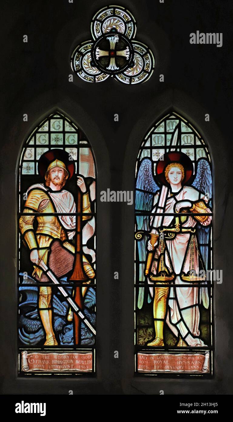 Stained glass window depicting St George and the Archangel Michael, St Mary's Church, Gilston, Hertfordshire Stock Photo