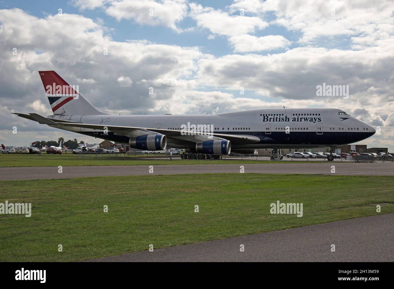 A British Airways Boeing 747-400 airliner, G-CIVB, on display and preserved at Cotswold Kemble Airport in England. Stock Photo