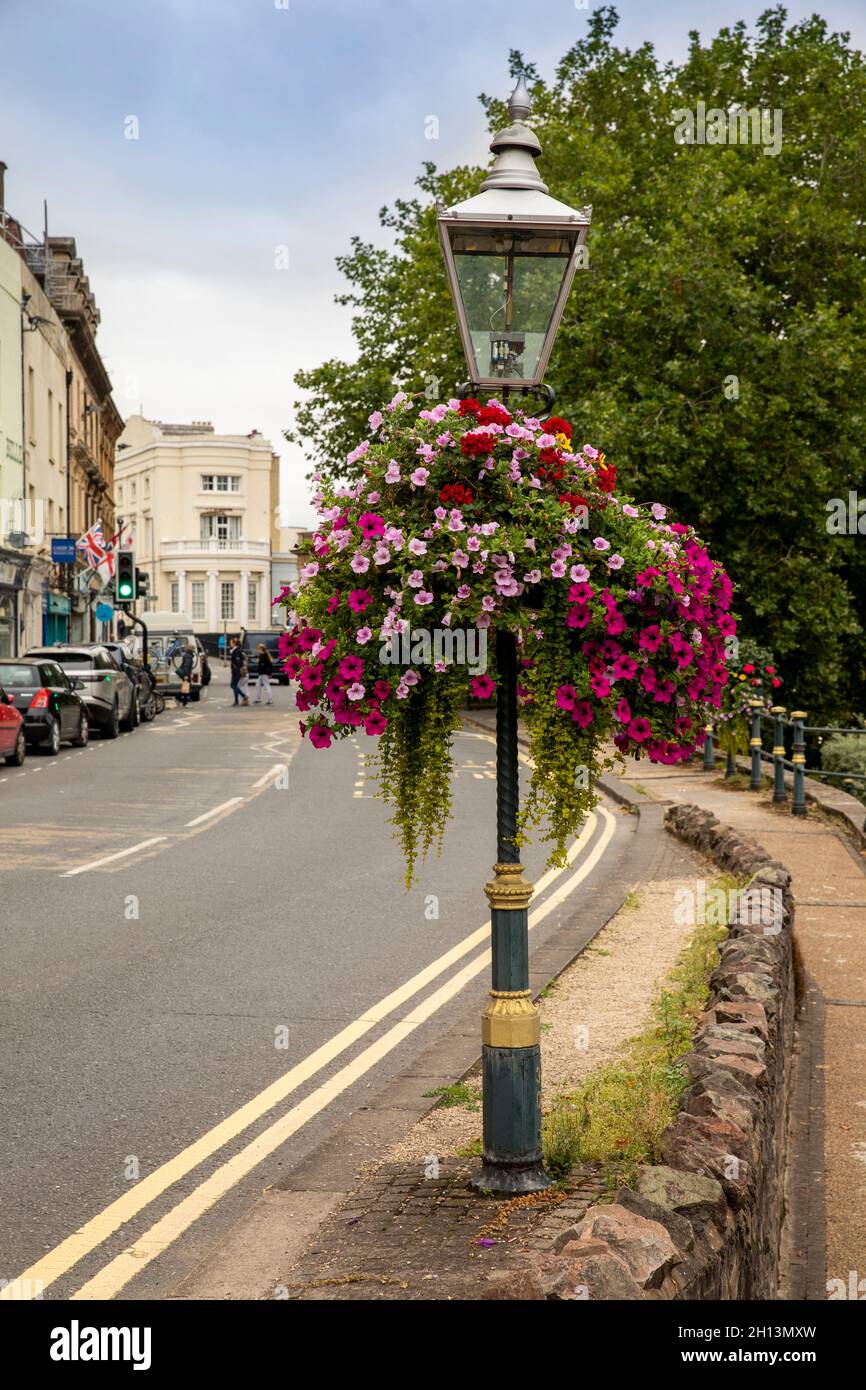 UK, England, Worcestershire, Great Malvern, Bellevue Terrace, gas street light with floral hanging basket Stock Photo
