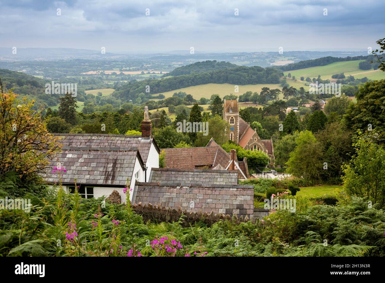 UK, England, Worcestershire, West Malvern, elevated view west from path up Sugarloaf Hill Stock Photo