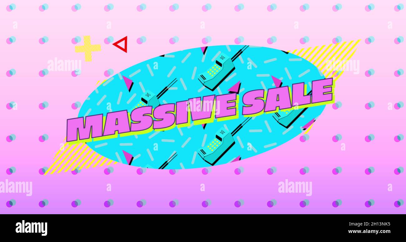 Massive sale graphic in blue oval with moving elements on pink background with dots 4k Stock Photo