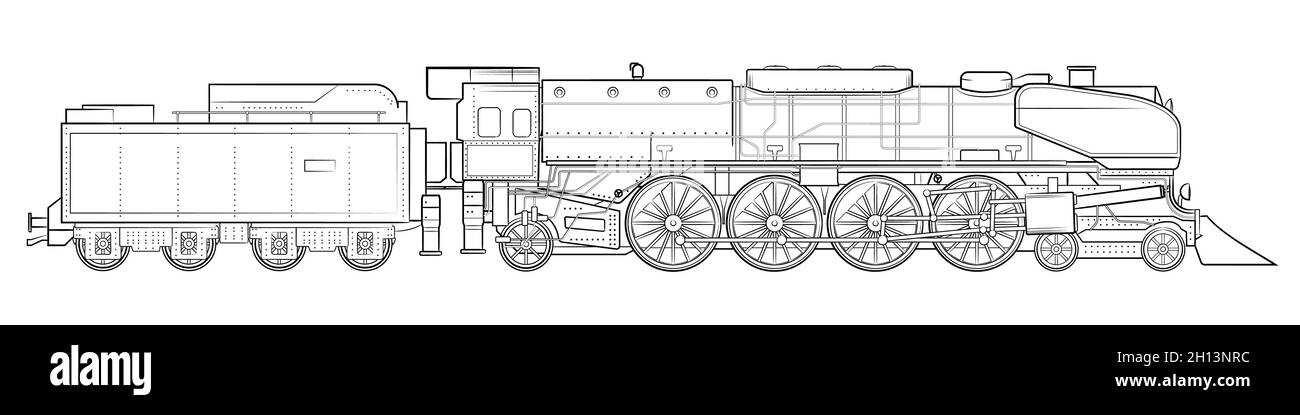 Steam locomotive with tender - illustration of vintage vehicle. Stock Vector
