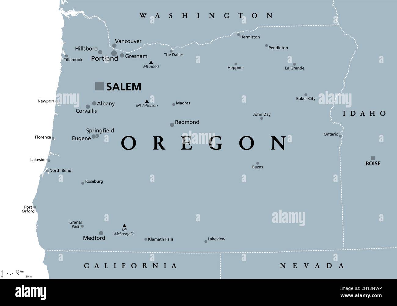 Oregon, OR, gray political map, with the capital Salem and borders. State in the Pacific Northwest region of the Western United States of America. Stock Photo