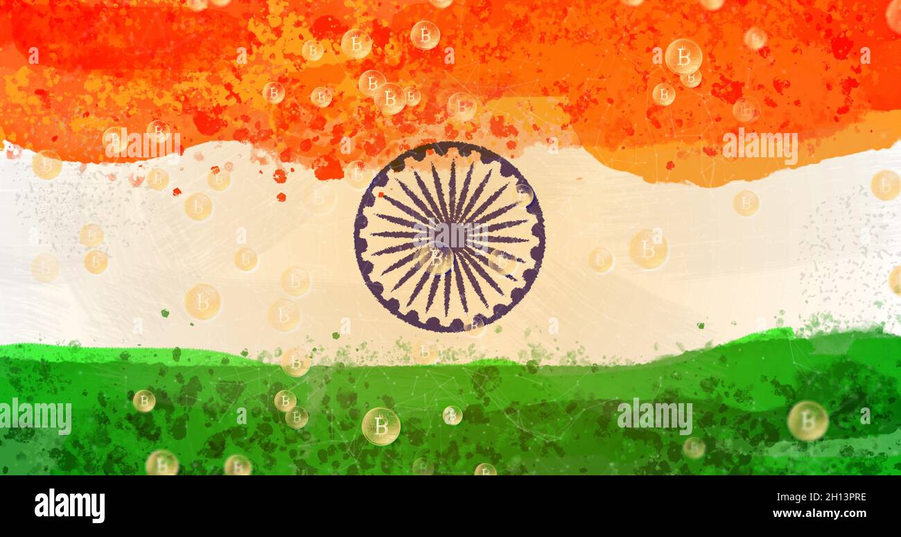 Image of flag of india and bitcoins falling Stock Photo