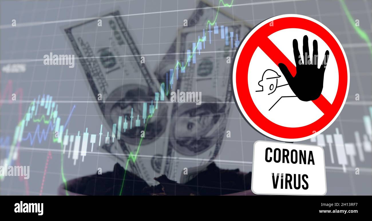 Financial market data processing and covid 19 warning sign against american dollars Stock Photo