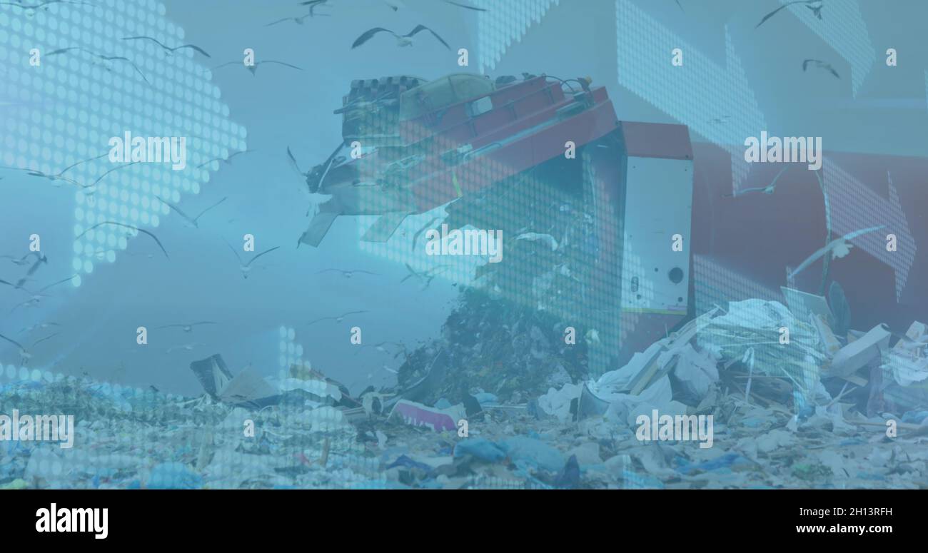 Digital composite image of multiple arrows moving against landfill with birds flying in the sky Stock Photo