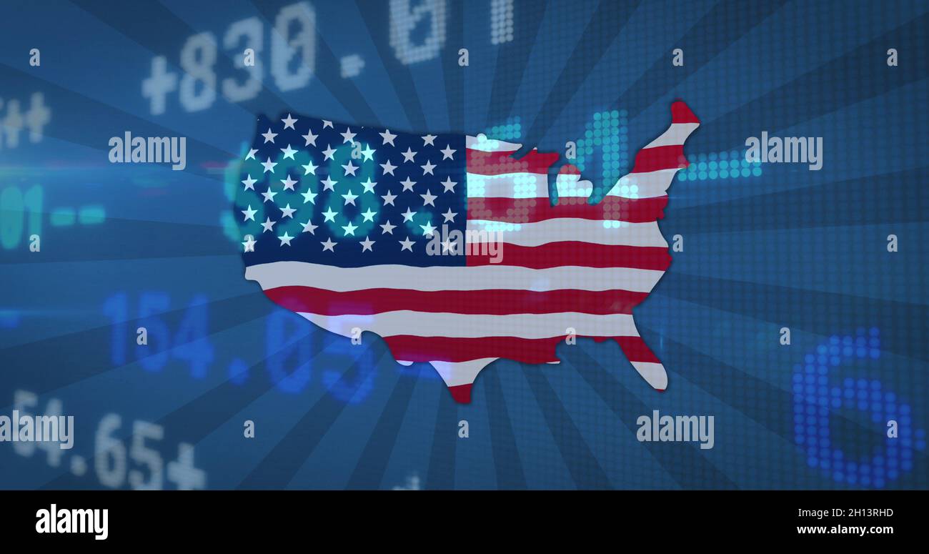 Image of financial data processing over map of usa with american flag ...