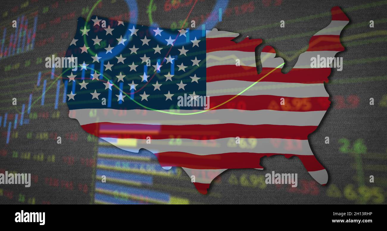 Image of financial data processing over map of usa with american flag ...