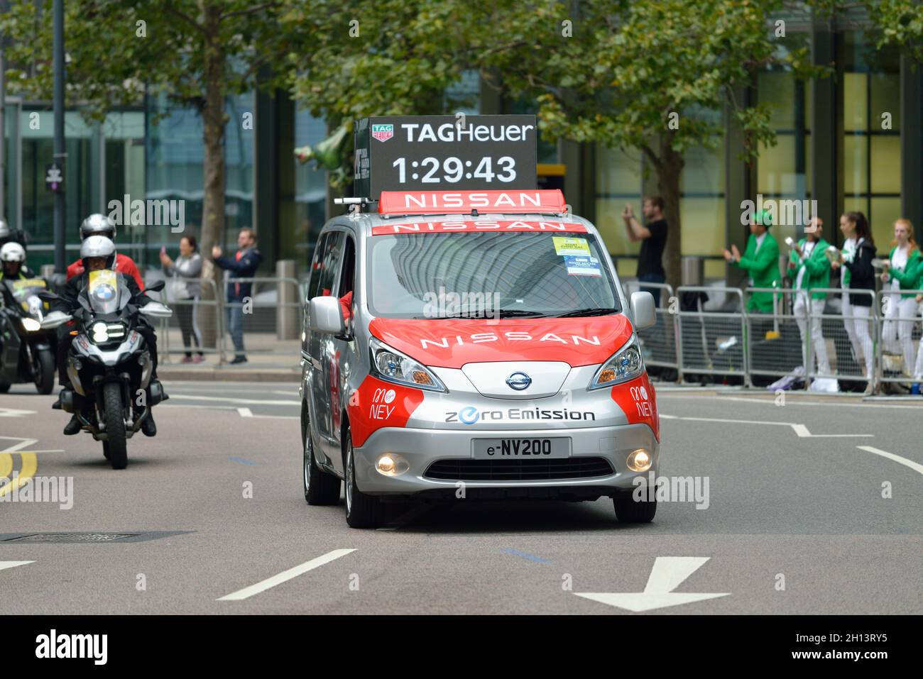 Lead timing vehicle, elite men's race, 2021 London Marathon, Canary Wharf estate, East London, United Kingdom Stock Photo