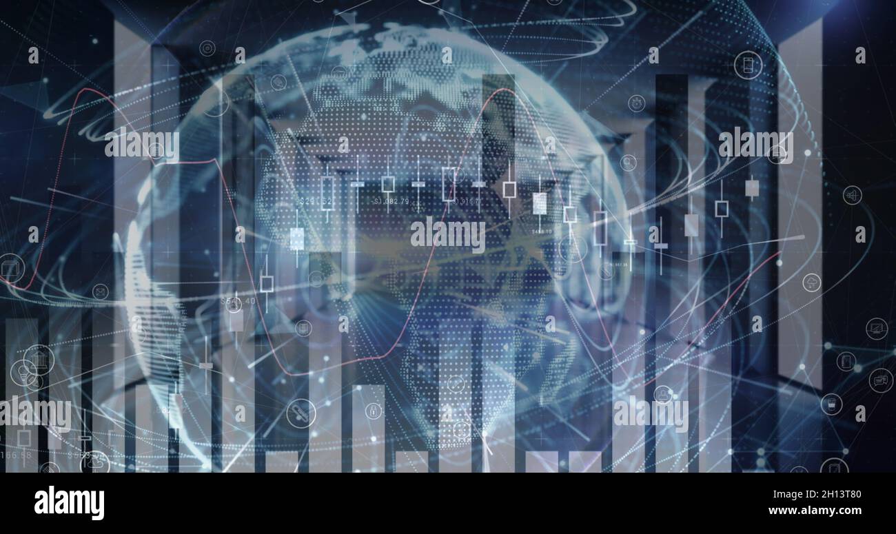 Image of financial data processing over globe and computer servers ...